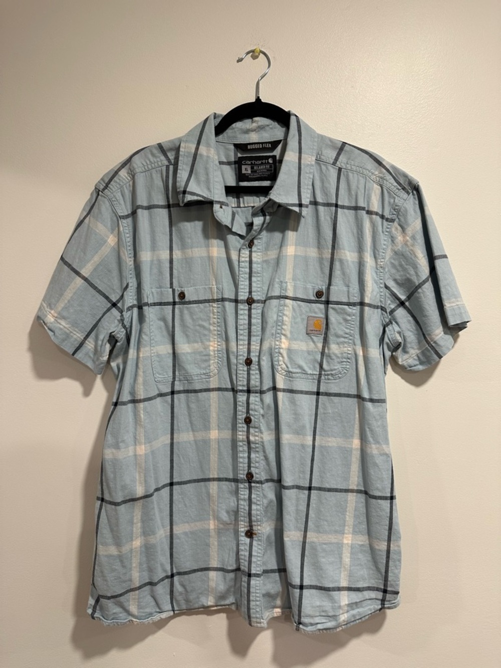 Carhartt Light Blue White Plaid Short-Sleeve Button-Down Shirt XL Rugged Flex